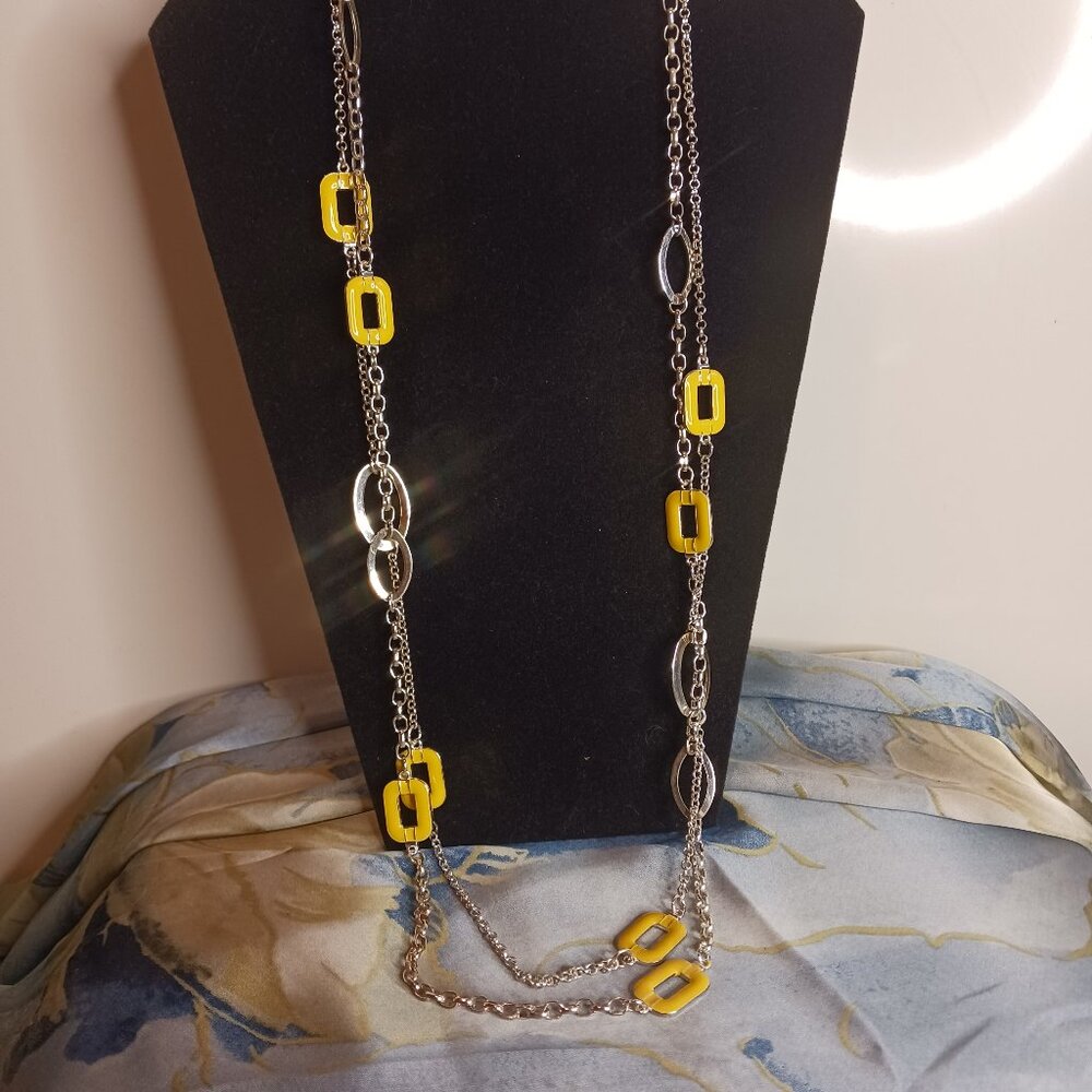 Silver Tone and Yellow Enamel Double Strand Necklace